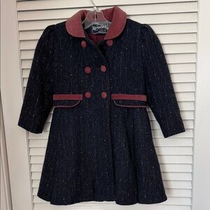 Vintage 1990s Rothschild Tweed Kids' Coat with Burgundy Velvet Trim - Size 4